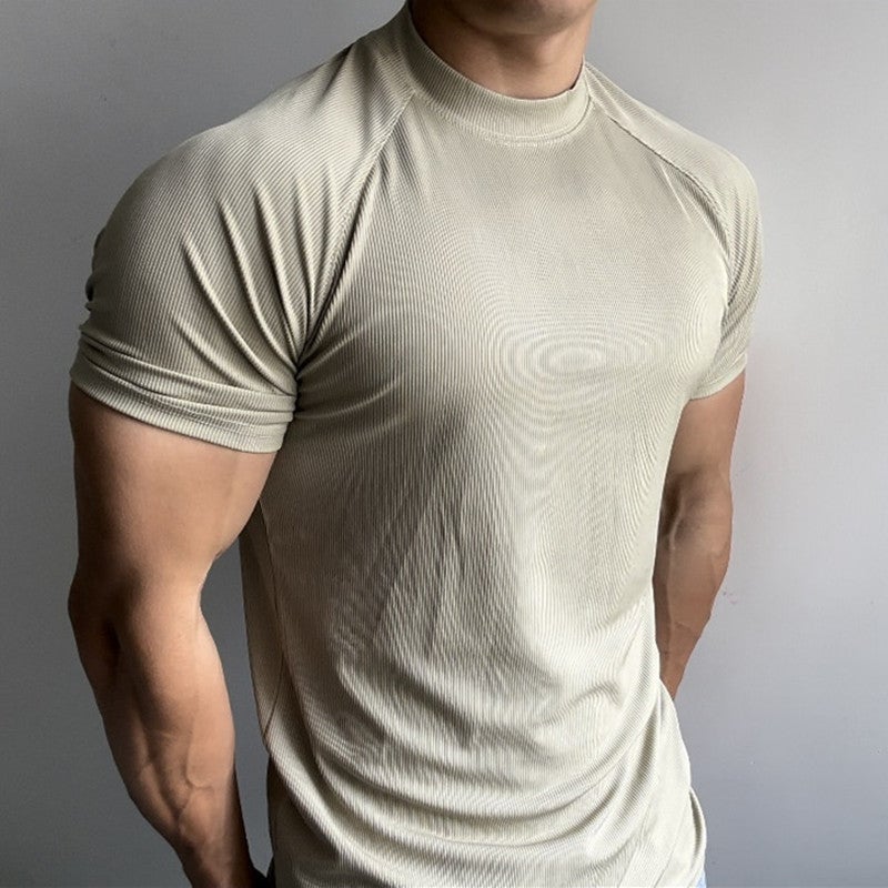 Summer Sports Outdoor Training Short-sleeved Men's Slim-fit Elastic Quick-drying Raglan Sleeves Small Collar T-shirt Solid Color Breathable Trendy - Image 1