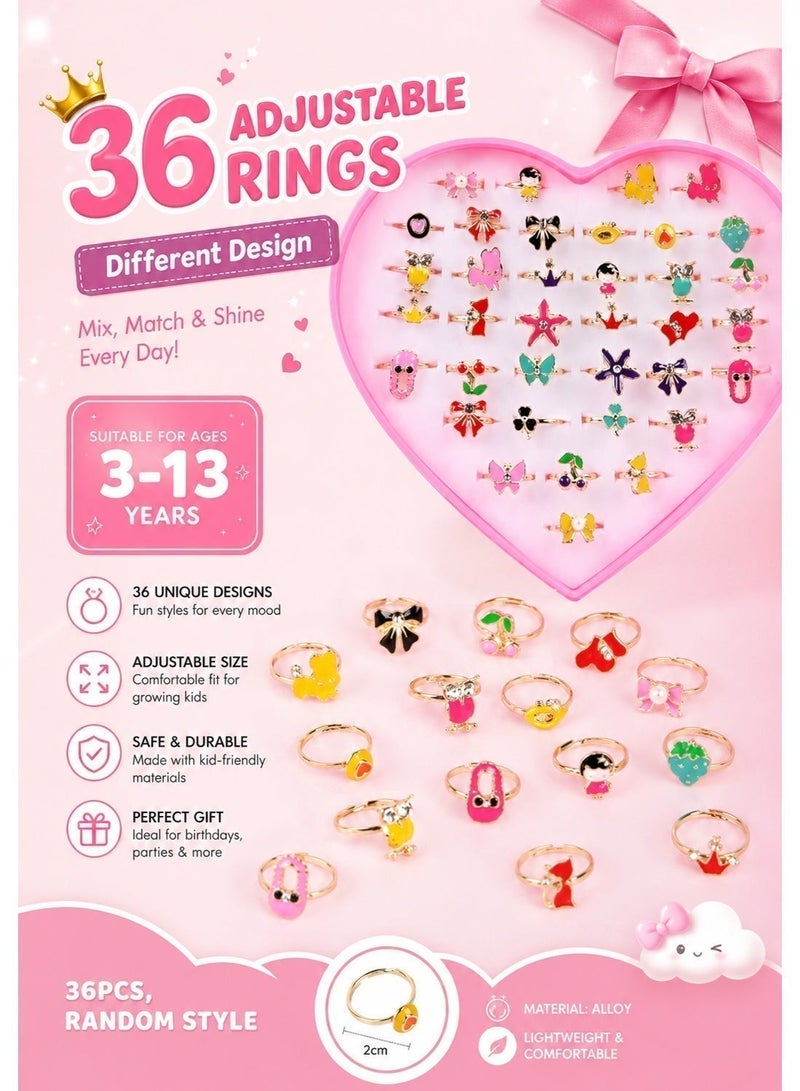 SARAOONT 36 Piece Adjustable Little Girls Jewel Rings for Dress Up and Pretend Play Ages 3 to 10 Perfect for Birthdays and Parties - Image 3