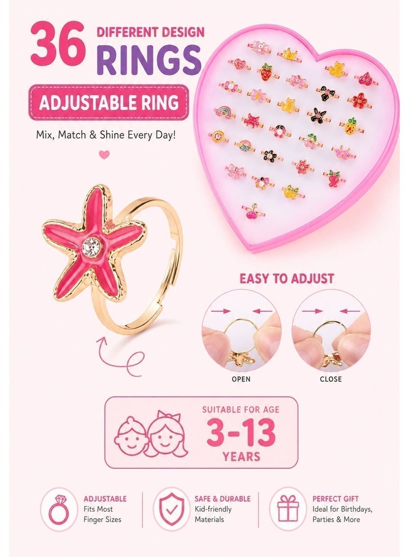 SARAOONT 36 Piece Adjustable Little Girls Jewel Rings for Dress Up and Pretend Play Ages 3 to 10 Perfect for Birthdays and Parties - Image 4
