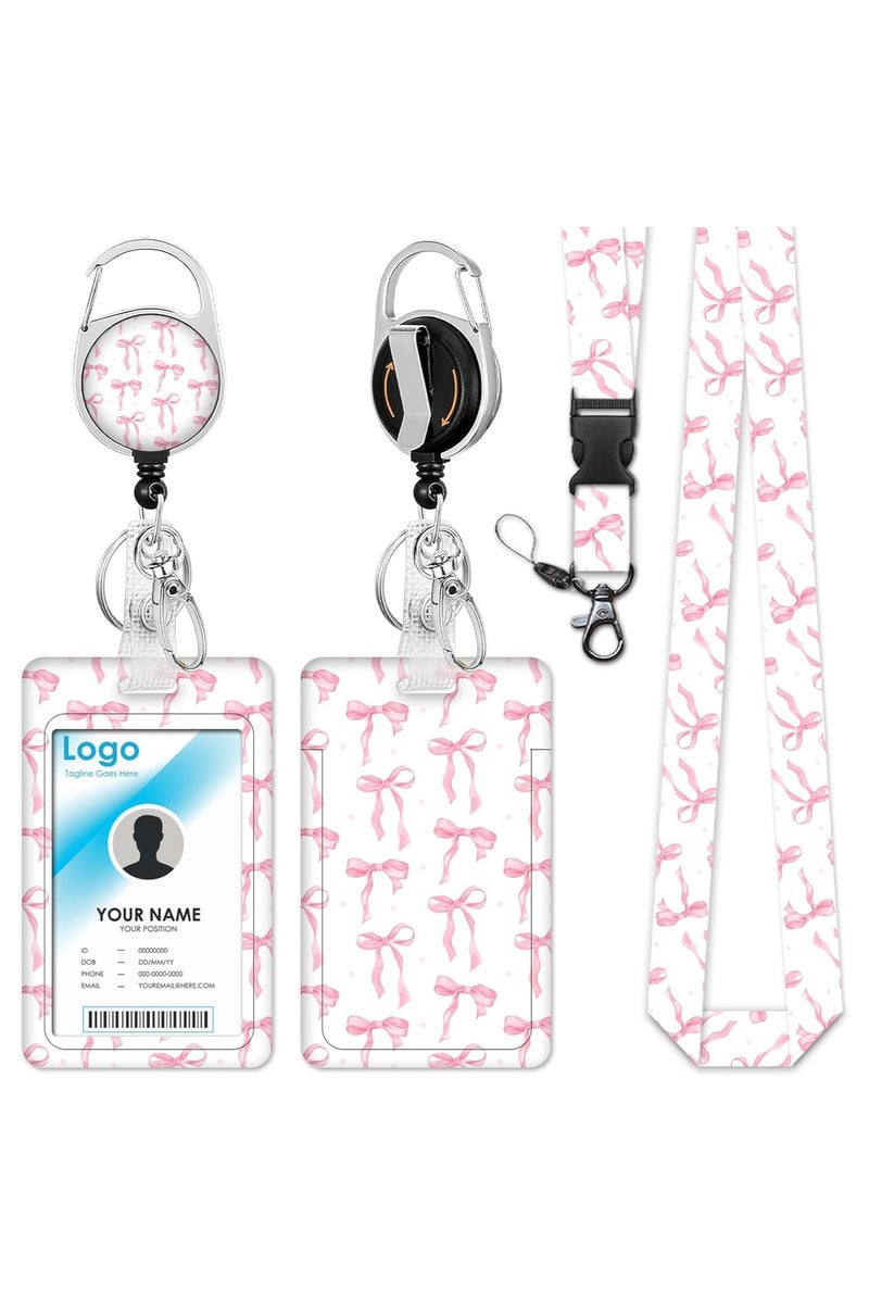 ID Badge Holder, Retractable Reel Lanyard, Breakaway Nurse Teacher Accessories, Pink Bow Design - Lightweight ABS & 360° Clip for Women Girls Office Fashion - Image 1