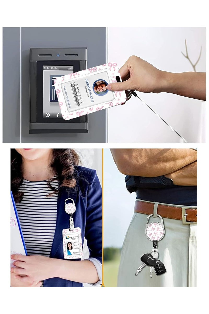 ID Badge Holder, Retractable Reel Lanyard, Breakaway Nurse Teacher Accessories, Pink Bow Design - Lightweight ABS & 360° Clip for Women Girls Office Fashion - Image 3