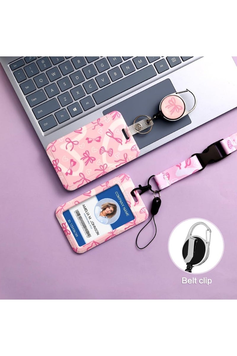 ID Badge Holder, Retractable Reel Lanyard, Breakaway Nurse Teacher Accessories, Pink Bow Design - Lightweight ABS & 360° Clip for Women Girls Office Fashion - Image 4