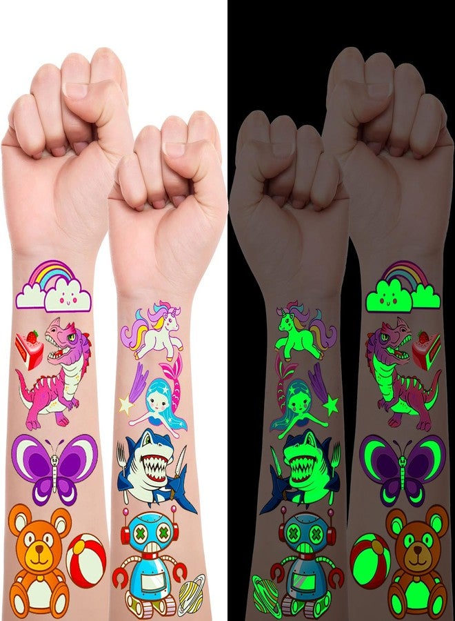 Airnogo Temporary Tattoos for Kids 400 Pcs Glow In The Dark Kids Tattoos Temporary for Boys and Girls, Cute Mixed Luminous Themes Featuring Unicorn Mermaid Dinosaur Space Butterfly Shark Animal Cat Dog etc - Image 1