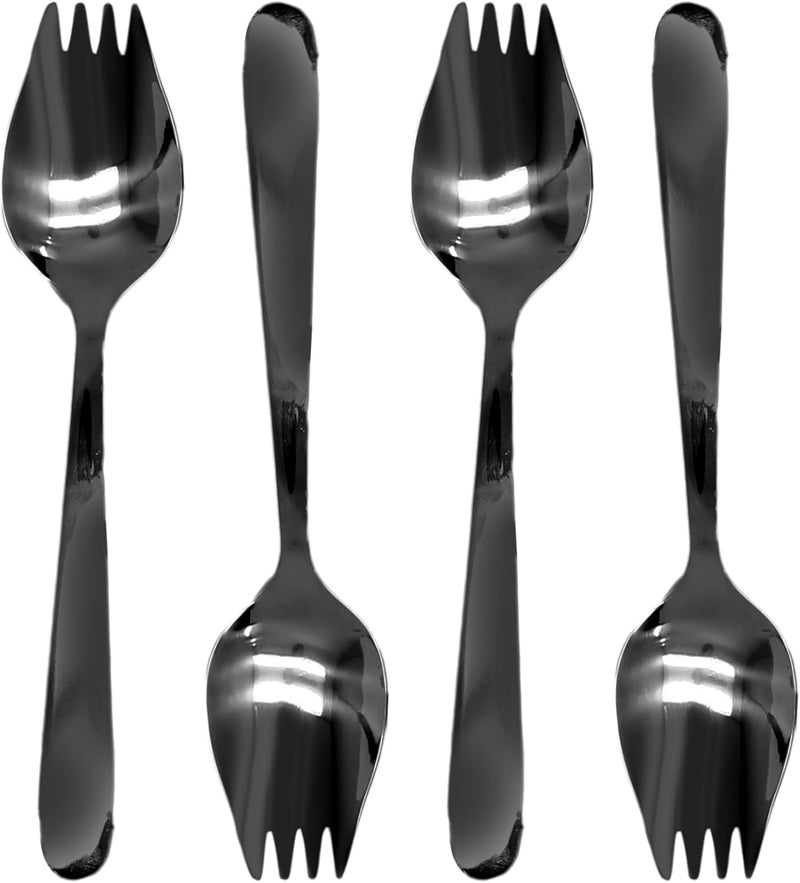 Cionyce 4 Pack Black Stainless Steel Sporks 59 Inch Salad Forks Fruit Appetizer Spork Dinner Forks Set Dessert Ice Cream Forks Soup Spoon for Household or Camping - Image 2