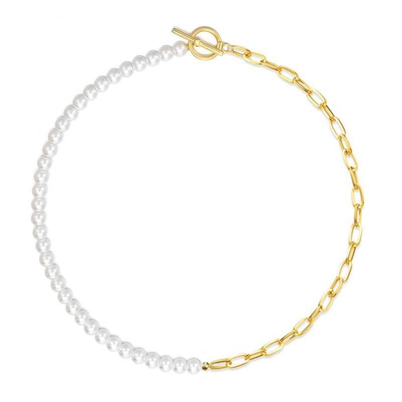 Zeffy Pearl Paperclip Chain Necklace, Vintage Chunky Link Chain Baroque Gold Pearl Paper Clip Choker Necklace Fashion Retro Charm Valentine Jewelry for Women - Image 1