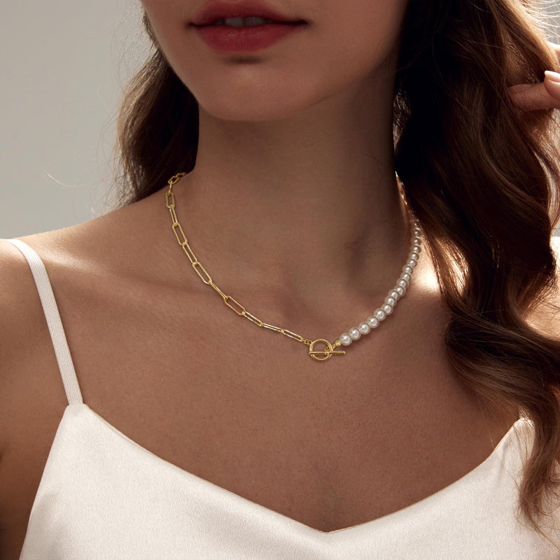 Zeffy Pearl Paperclip Chain Necklace, Vintage Chunky Link Chain Baroque Gold Pearl Paper Clip Choker Necklace Fashion Retro Charm Valentine Jewelry for Women - Image 2