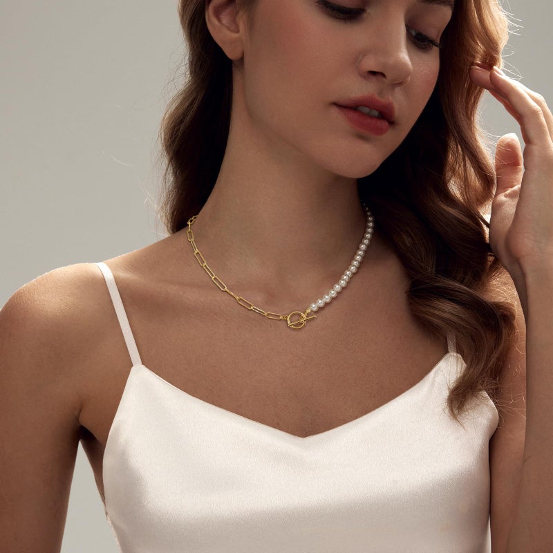 Zeffy Pearl Paperclip Chain Necklace, Vintage Chunky Link Chain Baroque Gold Pearl Paper Clip Choker Necklace Fashion Retro Charm Valentine Jewelry for Women - Image 5