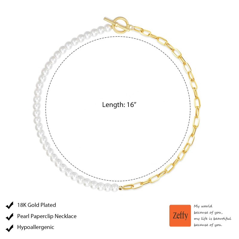 Zeffy Pearl Paperclip Chain Necklace, Vintage Chunky Link Chain Baroque Gold Pearl Paper Clip Choker Necklace Fashion Retro Charm Valentine Jewelry for Women - Image 4