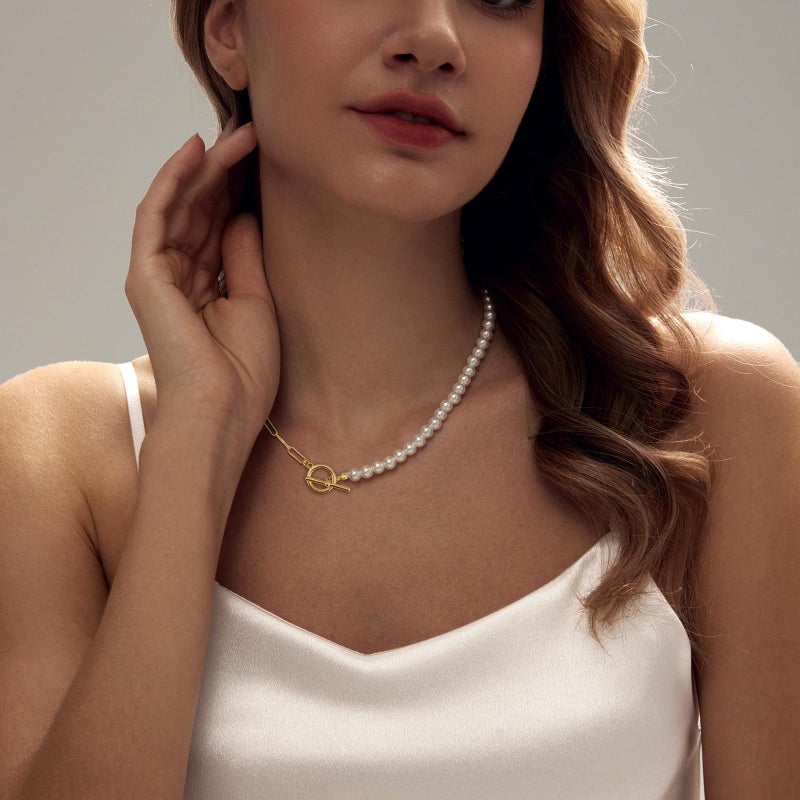Zeffy Pearl Paperclip Chain Necklace, Vintage Chunky Link Chain Baroque Gold Pearl Paper Clip Choker Necklace Fashion Retro Charm Valentine Jewelry for Women - Image 3