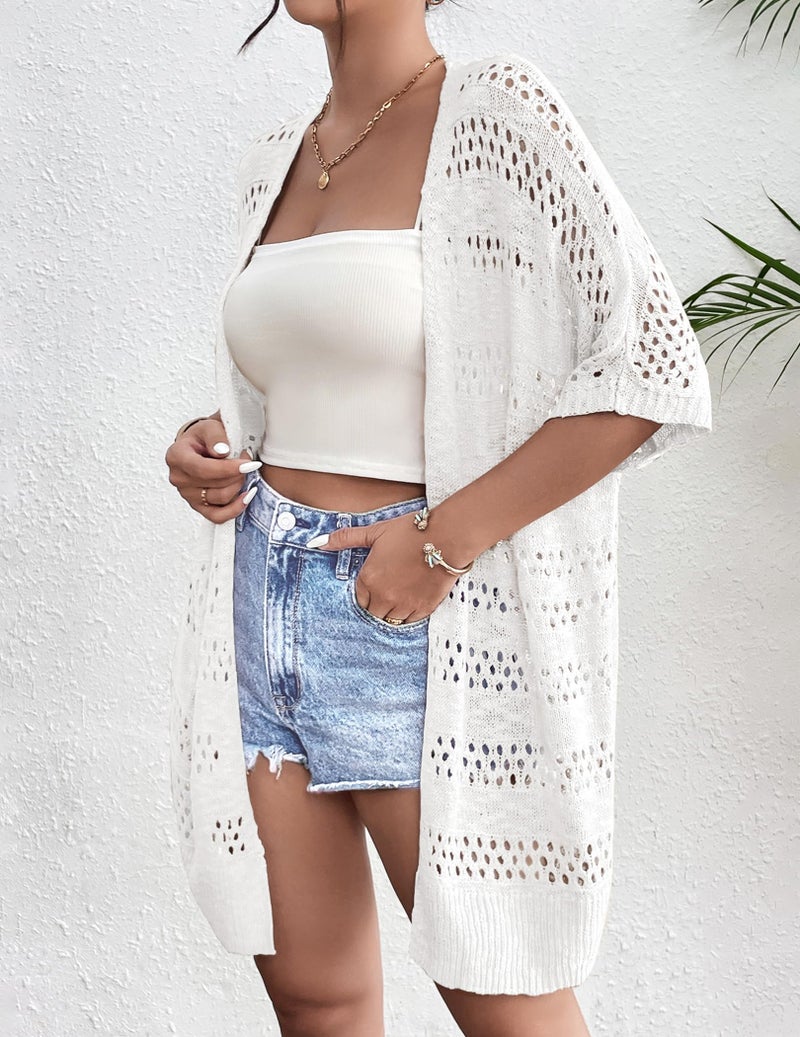 Zeagoo Summer Crochet Cream Cardigan for Women Boho Kimonos Short Sleeve Hollow Out Open Front Lightweight Cardigans - Image 2