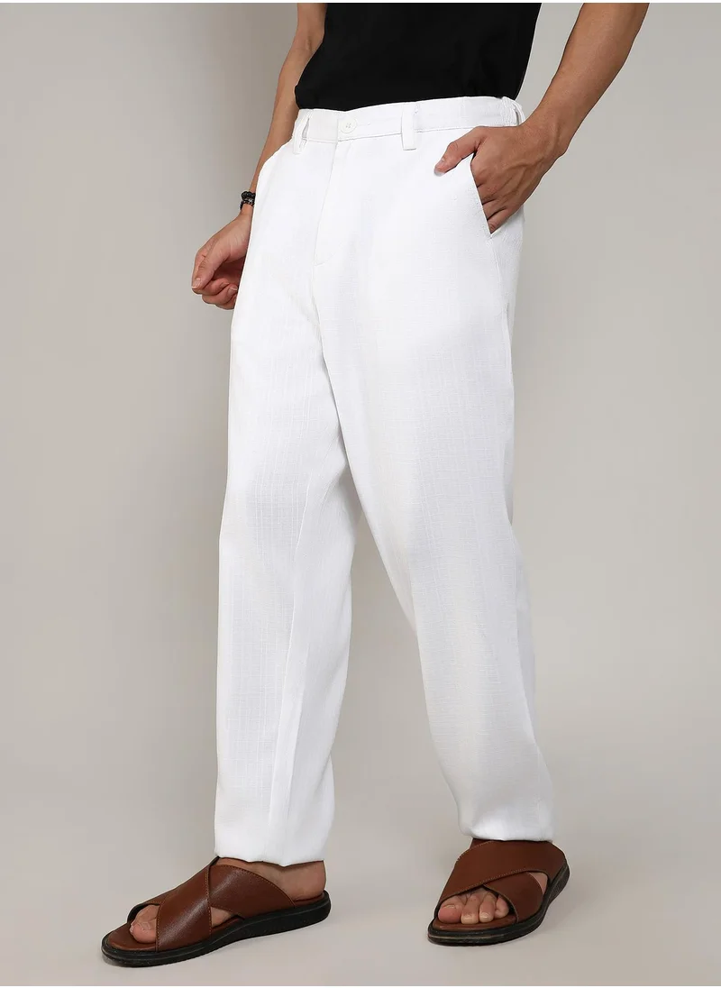 Campus Sutra Men's Chalk White Tailored Linen-Blend Trousers