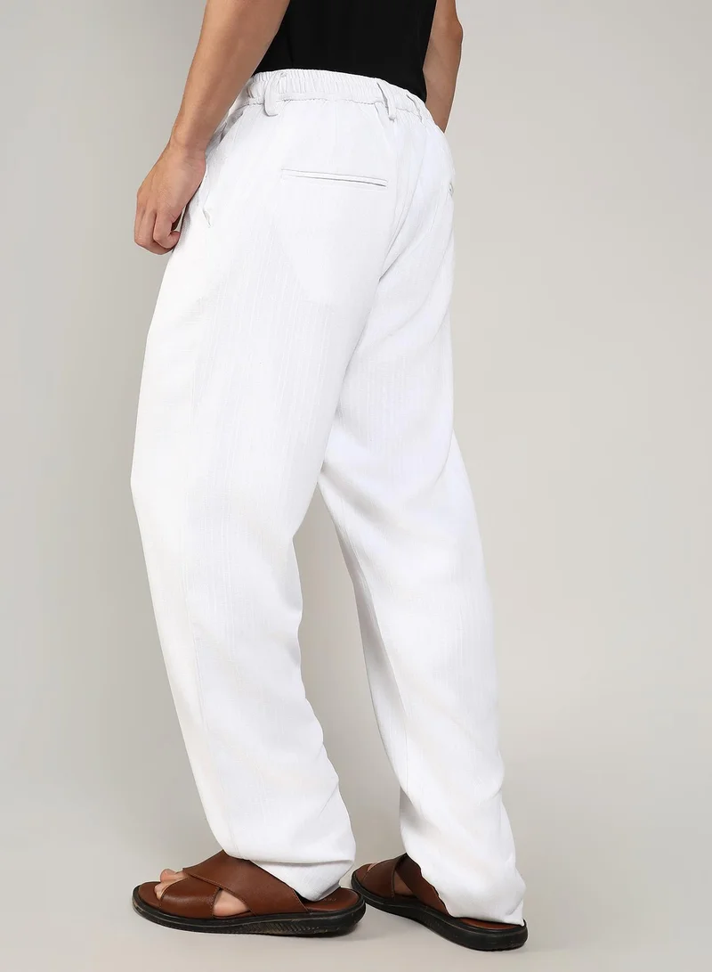Campus Sutra Campus Sutra Men's Chalk White Tailored Linen-Blend Trousers For Casual Wear | Tailored Fit | 4 Pockets | Button Closure | Trousers Crafted With Comfort Fit For Everyday Wear