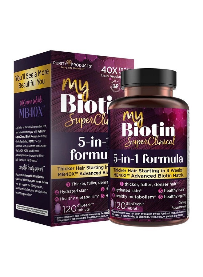 Purity Products منتجات بيورتي MyBiotin سوبر كلينيكال نيو 5 في 1 فيتامينات متعددة النخبة + مصفوفة البيوتين MB40X متعددة يومية - شعر أكثر كثافة بدءًا من 3 أسابيع - 40X أكثر قابلية للذوبان مقارنة بالشعر العادي والبشرة والأظافر - 120 قرص - Image 1
