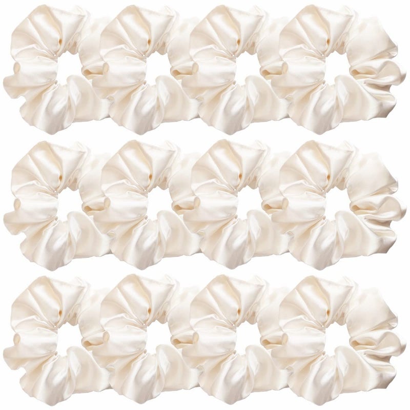 12 Pcs Satin Silk Scrunchies Hair Ties Hair Bands Bow Ropes Elastic Bracelets Ponytail Holders Hair Accessories for Women and Girls 45 Inch Pearl White