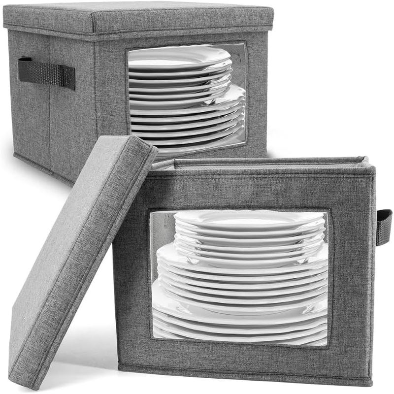 HOMELUX THEORY Hard Shell China Storage Containers for Dishes 2pcs 12x8 Plate Storage Square Storage Containers with Lid Heavy Duty Fine China Dish and Dinnerware Storage with 30 Felt Pads - Image 1