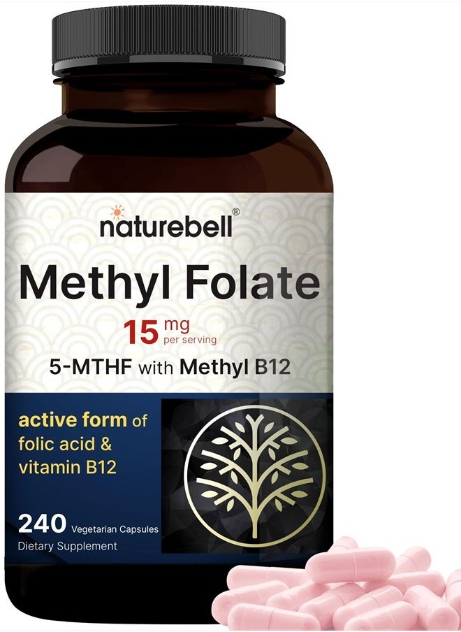 NatureBell - L Methylfolate 15mg, 240 Veggie Capsules | 5-MTHF with Methyl B12 1,000mcg | High Potency Dual Action for Energy & Cognitive Support, Active Folic Acid – Methyl Folate Supplement - Image 1