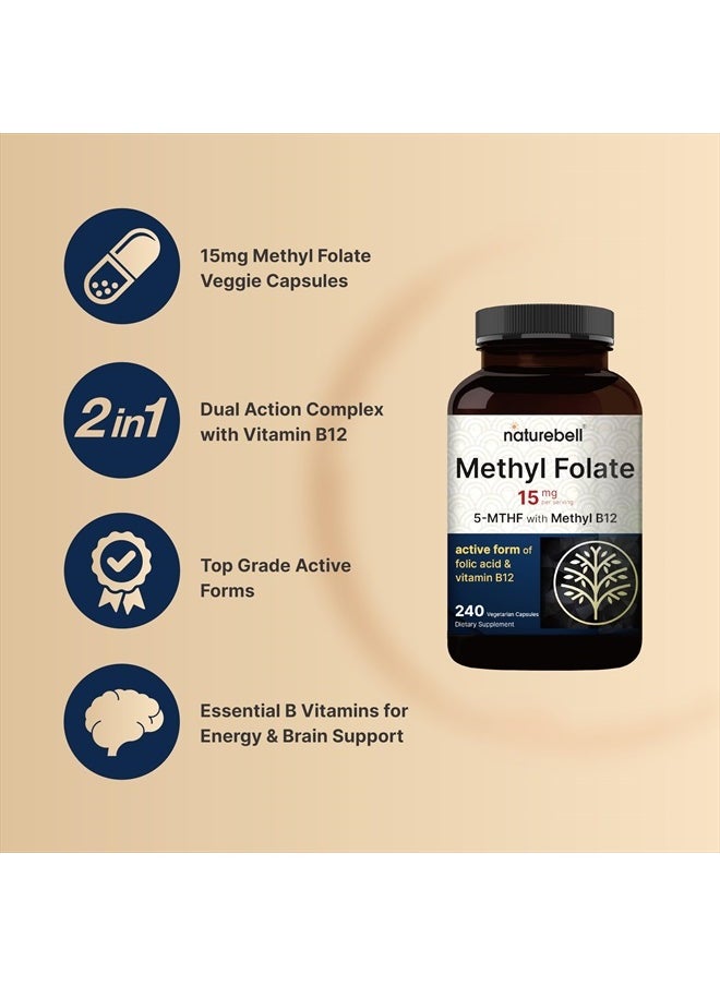 NatureBell - L Methylfolate 15mg, 240 Veggie Capsules | 5-MTHF with Methyl B12 1,000mcg | High Potency Dual Action for Energy & Cognitive Support, Active Folic Acid – Methyl Folate Supplement - Image 1