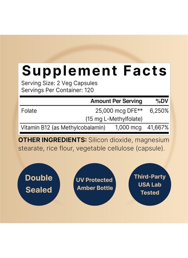 NatureBell - L Methylfolate 15mg, 240 Veggie Capsules | 5-MTHF with Methyl B12 1,000mcg | High Potency Dual Action for Energy & Cognitive Support, Active Folic Acid – Methyl Folate Supplement - Image 1