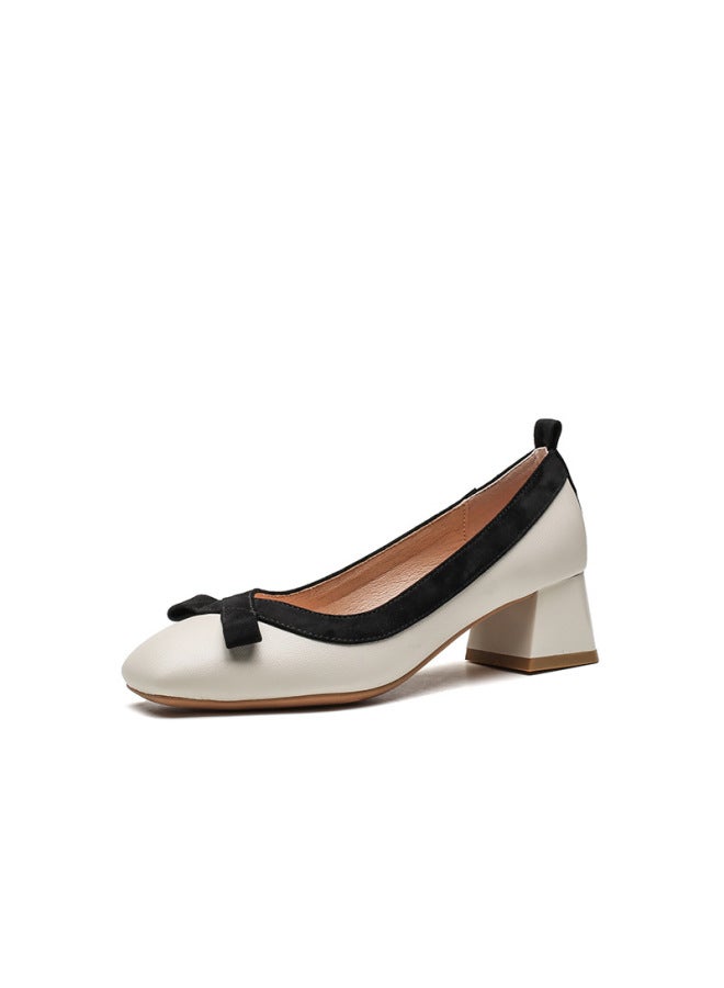 Elegant Chunky Heel Off-white High-heeled Shoes For Women, Summer  New Style, Square Toe, Shallow Mouth, Comfortable Soft Leather Mid-heel Single Shoes