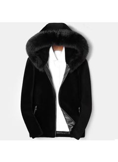 Mens Faux Fur Jacket Short Fox Collar Hooded Casual Warm Coat Black