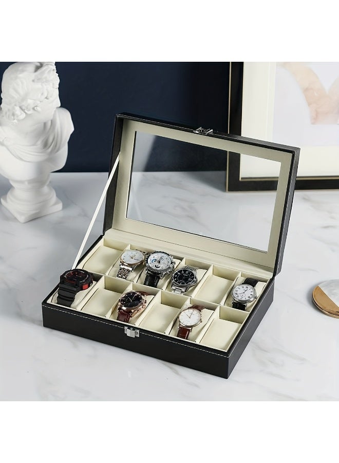12-Slot Watch Display Case Organizer, PU Leather with Glass Top, Black - Image 3