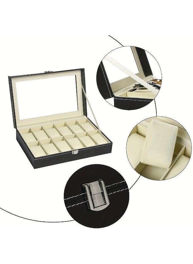 12-Slot Watch Display Case Organizer, PU Leather with Glass Top, Black - Image 5