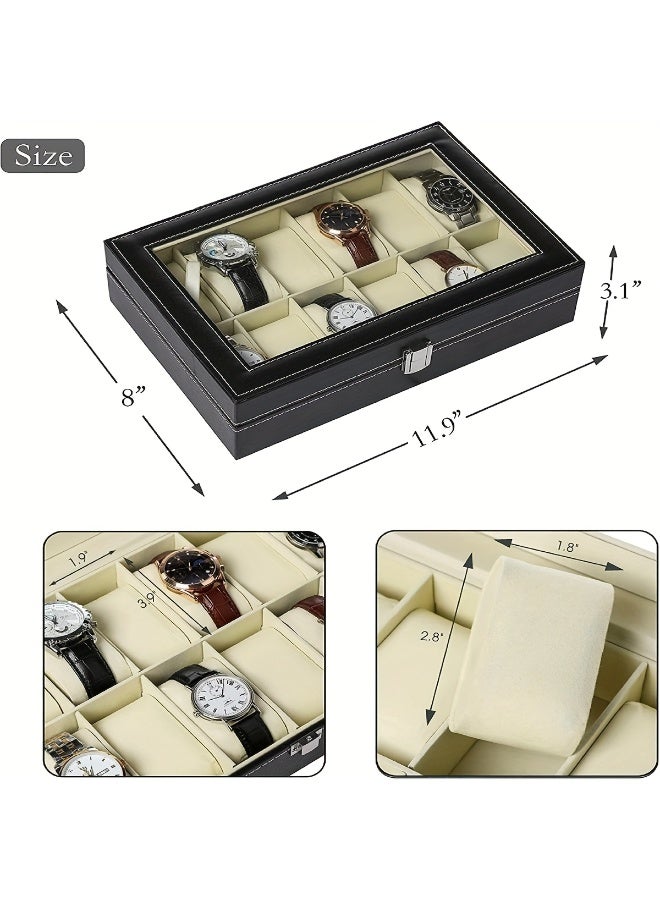 12-Slot Watch Display Case Organizer, PU Leather with Glass Top, Black - Image 4
