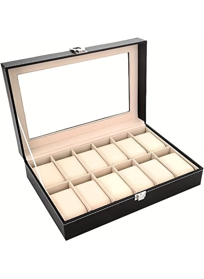 12-Slot Watch Display Case Organizer, PU Leather with Glass Top, Black - Image 1