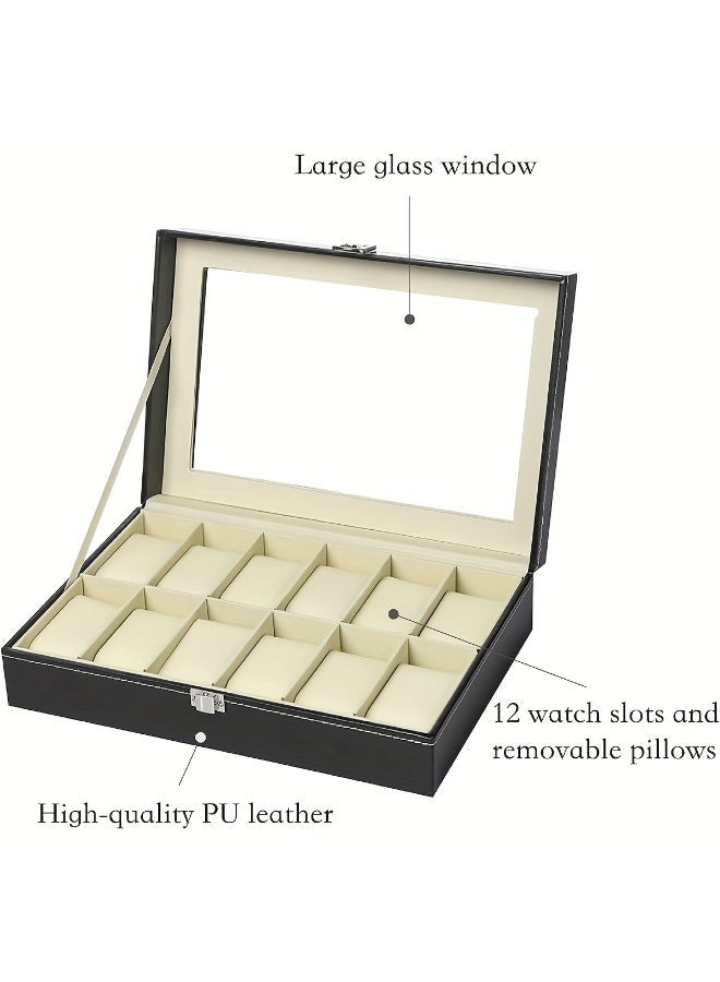 12-Slot Watch Display Case Organizer, PU Leather with Glass Top, Black - Image 2
