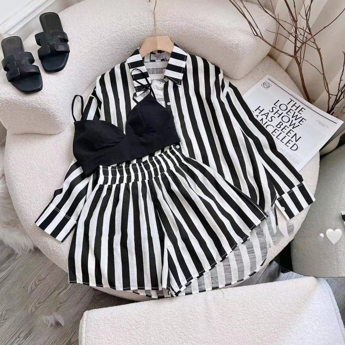 Autumn Striped Shirt Casual Set Women Plus Size Yellow Blue - Image 2