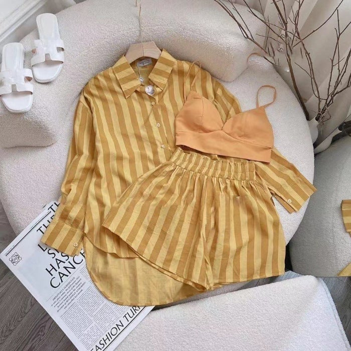 Autumn Striped Shirt Casual Set Women Plus Size Yellow Blue - Image 4