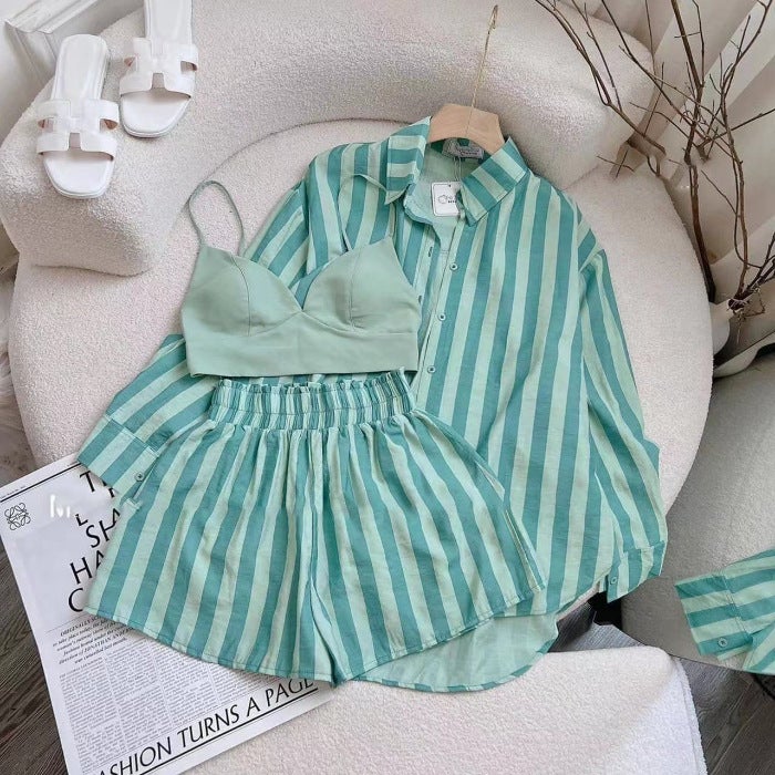 Autumn Striped Shirt Casual Set Women Plus Size Yellow Blue - Image 1