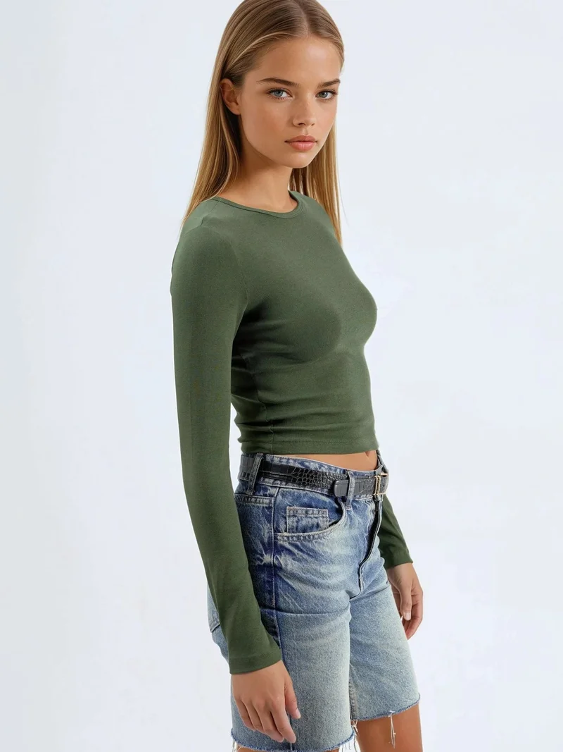 بوسيم BUSEM Long Sleeve Crew Neck Blouse