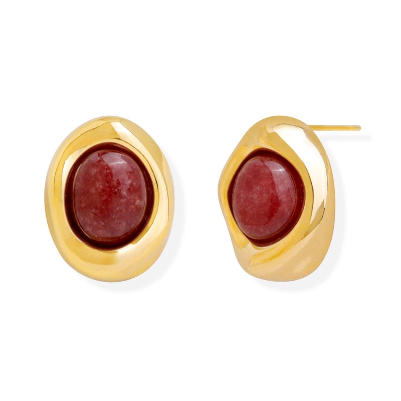 Jean Beau Gold Chunky Garnet Stone Stud Earrings for Women, Valentine Trendy Burgundy Natural Gemstone Square Hypoallergenic Earring Jewelry Gift - Image 1