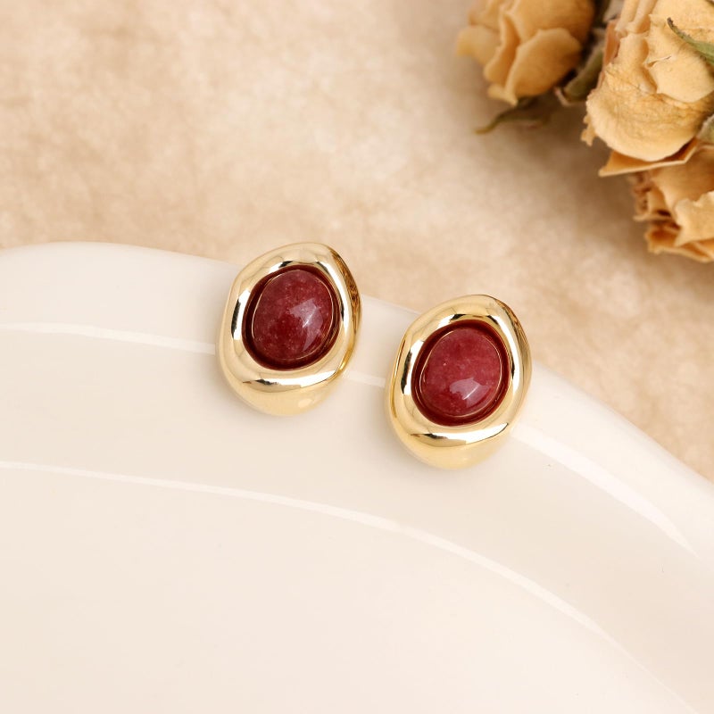 Jean Beau Gold Chunky Garnet Stone Stud Earrings for Women, Valentine Trendy Burgundy Natural Gemstone Square Hypoallergenic Earring Jewelry Gift - Image 5