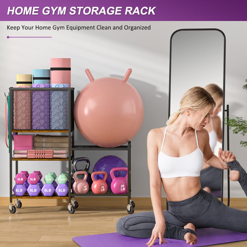 3IngSeagulls 3 Tier Dumbbell Rack, Yoga Mat Storage Holder, Home Gym Storage Rack, Workout Equipment Storage Organizer, Weight Storage Holder Rack with Hooks and Wheels - Image 3