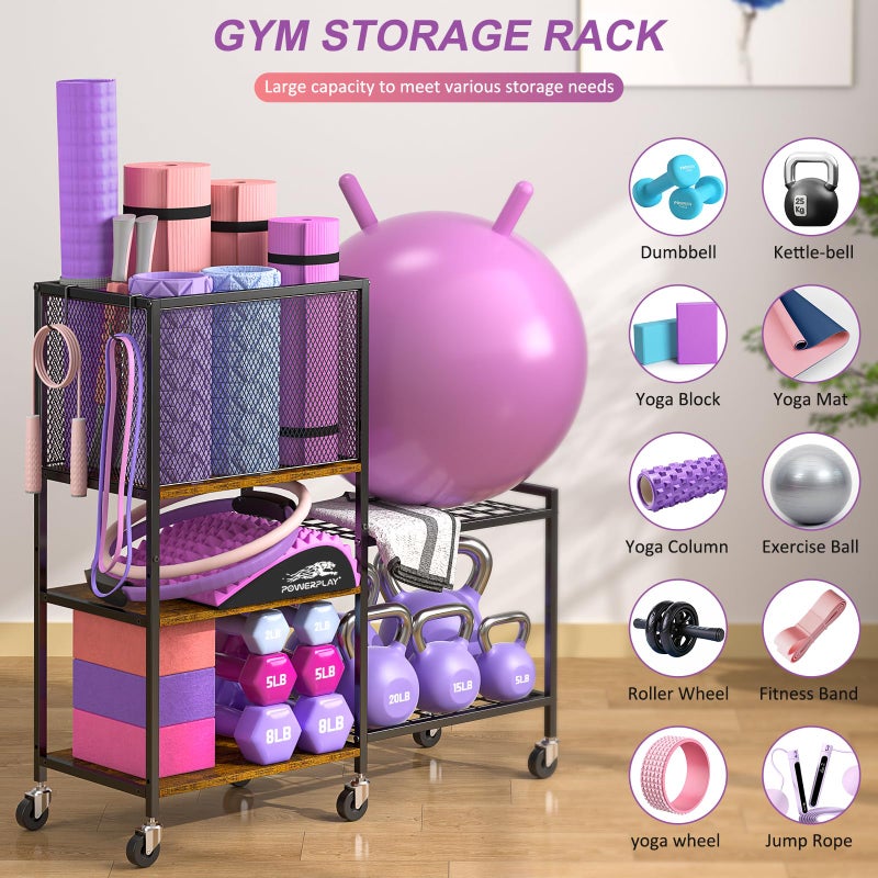 3IngSeagulls 3 Tier Dumbbell Rack, Yoga Mat Storage Holder, Home Gym Storage Rack, Workout Equipment Storage Organizer, Weight Storage Holder Rack with Hooks and Wheels - Image 4