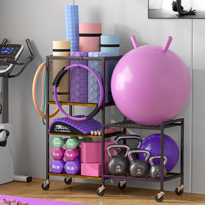 3IngSeagulls 3 Tier Dumbbell Rack, Yoga Mat Storage Holder, Home Gym Storage Rack, Workout Equipment Storage Organizer, Weight Storage Holder Rack with Hooks and Wheels - Image 1