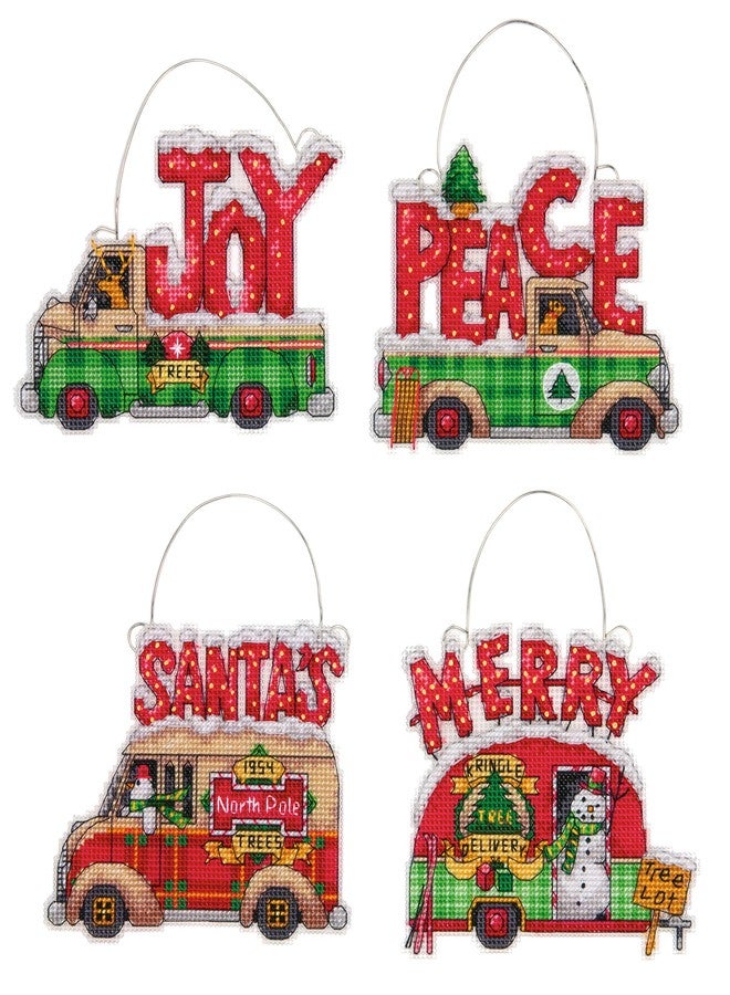 Dimensions Holiday Truck Christmas Ornaments Counted Cross Stitch Kit for Beginners, 14 Count Plastic Canvas, 4pc - Image 1
