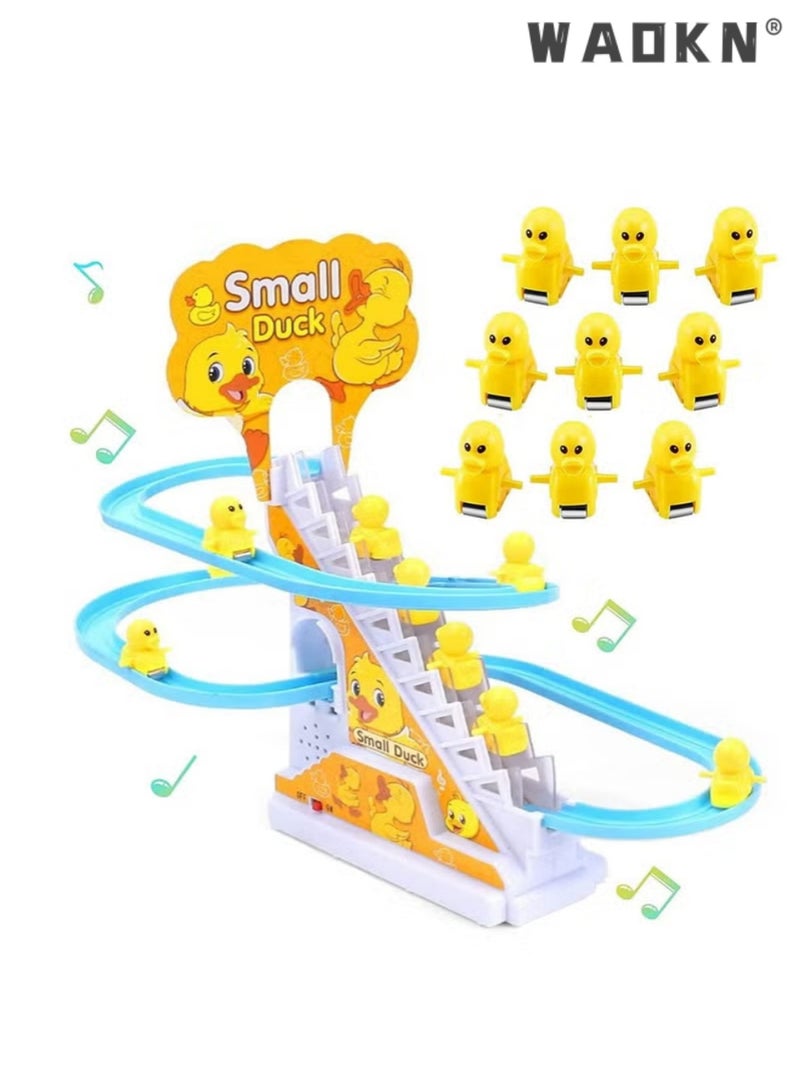 WAOKN Small Ducks Climbing Toys Electric Ducks Chasing Race Track Game Set Playful Roller Coaster Toy with 9 Duck LED Flashing Lights & Music Button Fun Duck Stair Climbing Toy for Toddlers and Kids - Image 1