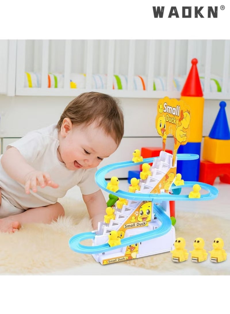 WAOKN Small Ducks Climbing Toys Electric Ducks Chasing Race Track Game Set Playful Roller Coaster Toy with 9 Duck LED Flashing Lights & Music Button Fun Duck Stair Climbing Toy for Toddlers and Kids - Image 3