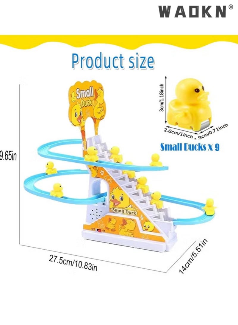 WAOKN Small Ducks Climbing Toys Electric Ducks Chasing Race Track Game Set Playful Roller Coaster Toy with 9 Duck LED Flashing Lights & Music Button Fun Duck Stair Climbing Toy for Toddlers and Kids - Image 2