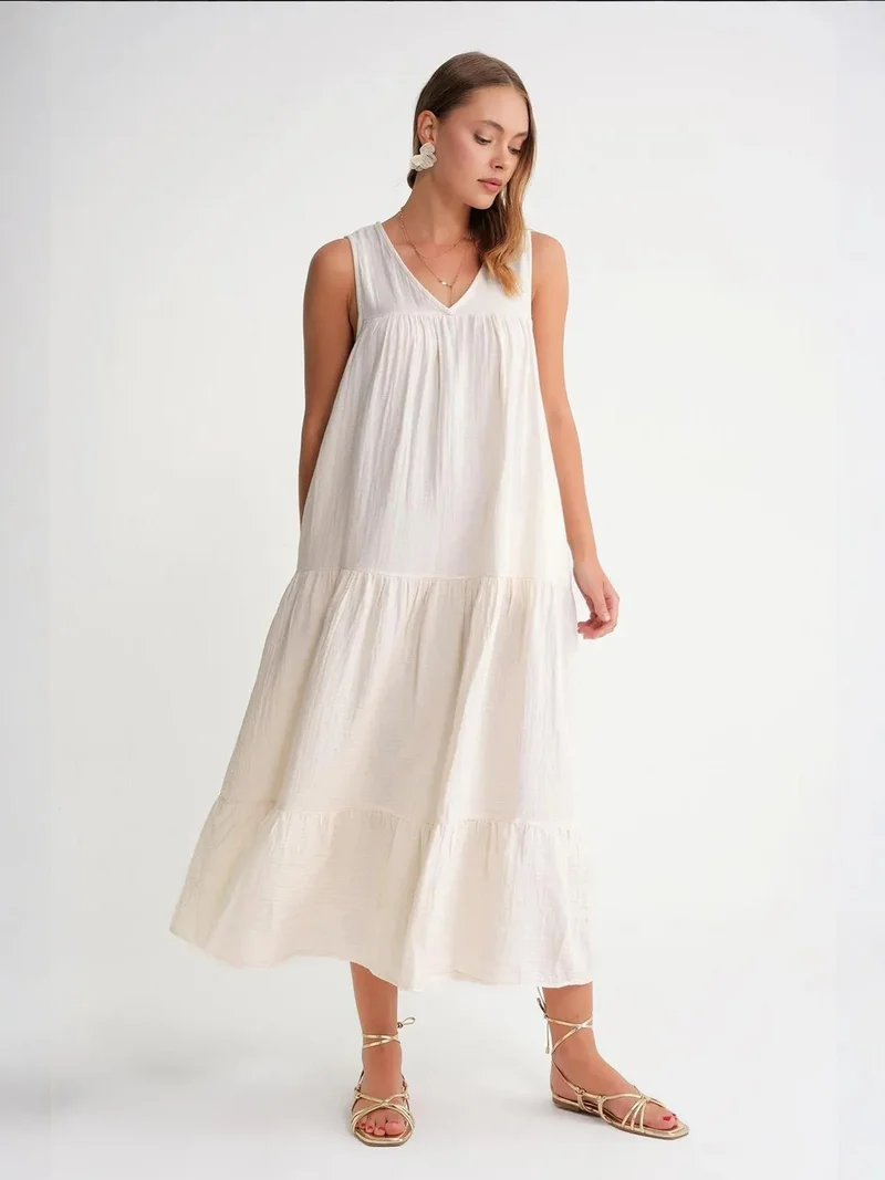 MixRay Mixray Sleeveless V-Neck Muslin Midi Dress with Pockets