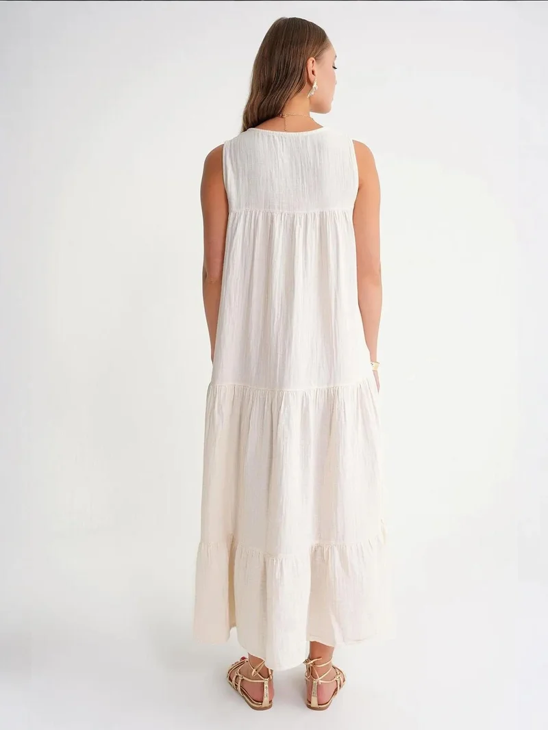 MixRay Ivory Natural Mixray Sleeveless V-Neck Muslin Midi Dress with Pockets for Women | Best Price UAE