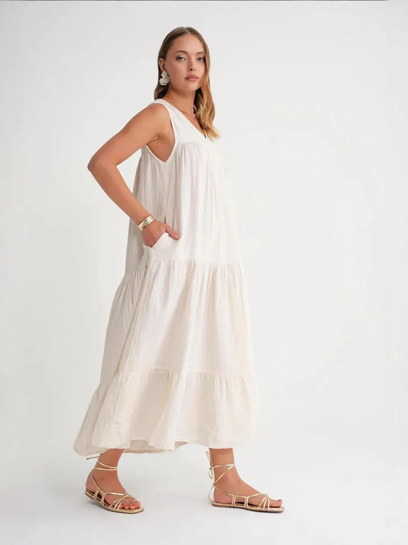 MixRay Ivory Natural Mixray Sleeveless V-Neck Muslin Midi Dress with Pockets for Women | Best Price UAE
