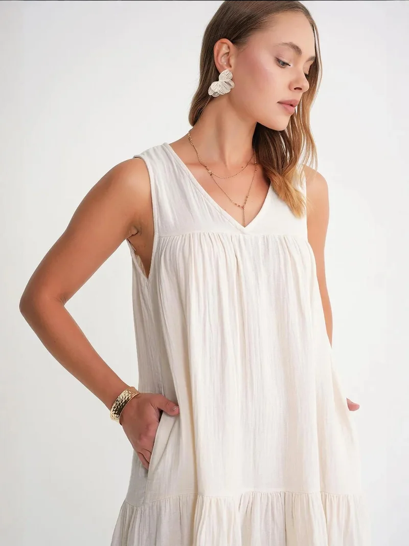 MixRay Ivory Natural Mixray Sleeveless V-Neck Muslin Midi Dress with Pockets for Women | Best Price UAE