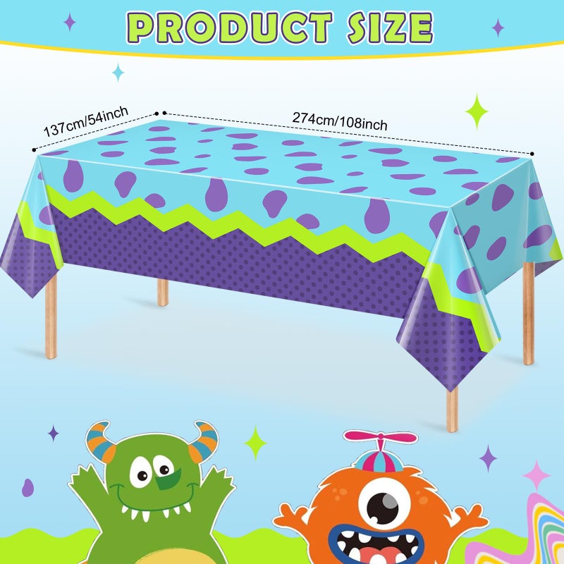 KEASKELL 3Pcs Monster Birthday Party Tablecloth Decorations,Purple Green Plastic Table Cover Disposable Rectangle Table Cloth for Baby Shower Kids Boy Birthday Party Supplies,54x108 Inch - Image 2