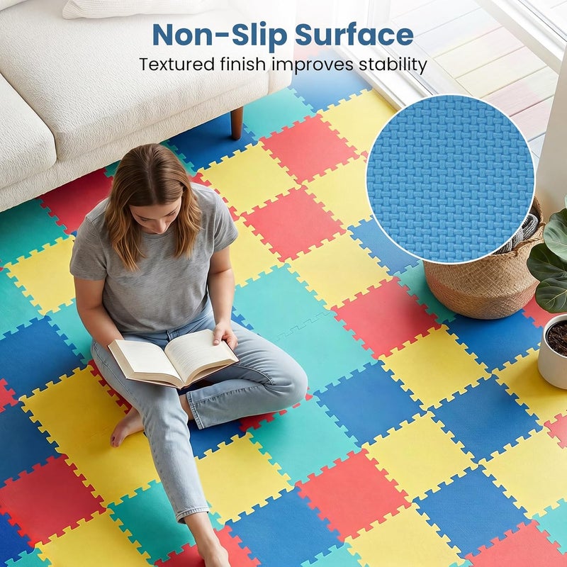 Giantex 18 PCS Interlocking Exercise Mat, 18 Sq.Ft EVA Foam Floor Tiles with Borders, 0.4" Thick Non-Slip Puzzle Workout Mats, Protective Gym Flooring for Home Gym, Garage, Basement, Multicolor - Image 3