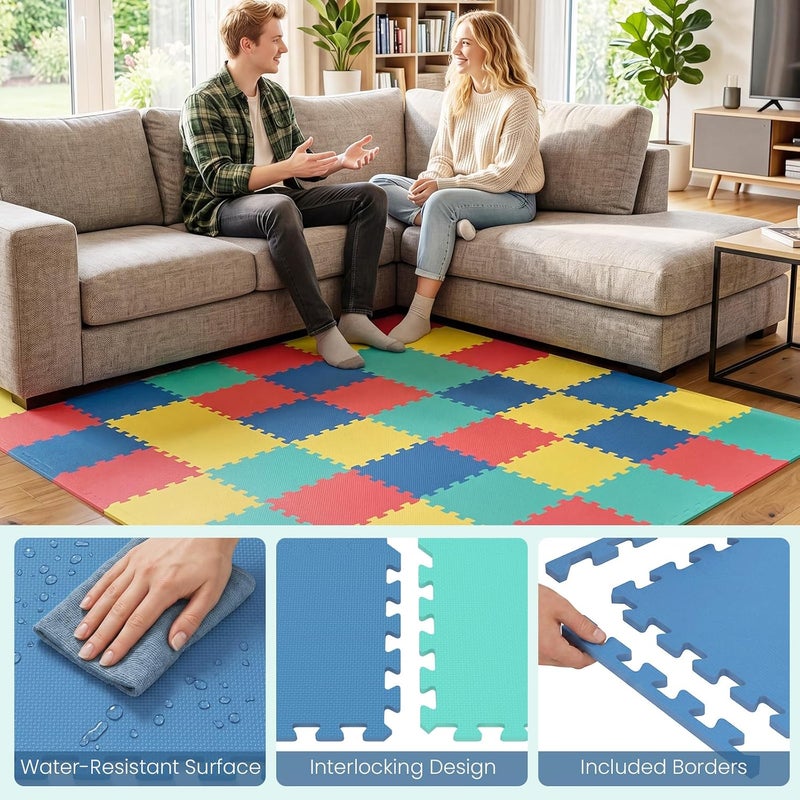 Giantex 18 PCS Interlocking Exercise Mat, 18 Sq.Ft EVA Foam Floor Tiles with Borders, 0.4" Thick Non-Slip Puzzle Workout Mats, Protective Gym Flooring for Home Gym, Garage, Basement, Multicolor - Image 4