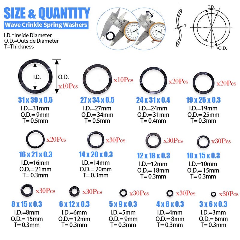 Glarks 320Pcs Carbon Steel Compression Type Wavy Wave Crinkle Spring Washers Assortment Kit - Image 2